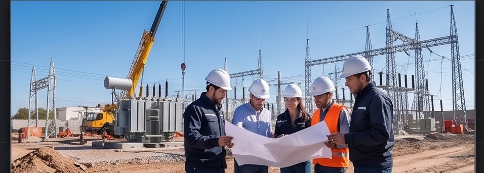 Equipo técnico de NORVEX en obra, revisando planos frente a una subestación eléctrica