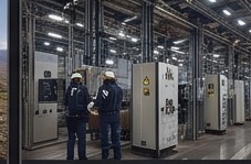 Técnicos trabajando en instalaciones eléctricas de una planta industrial