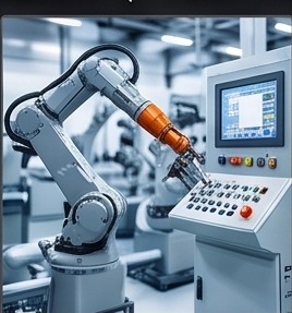Brazo robótico y panel de automatización industrial